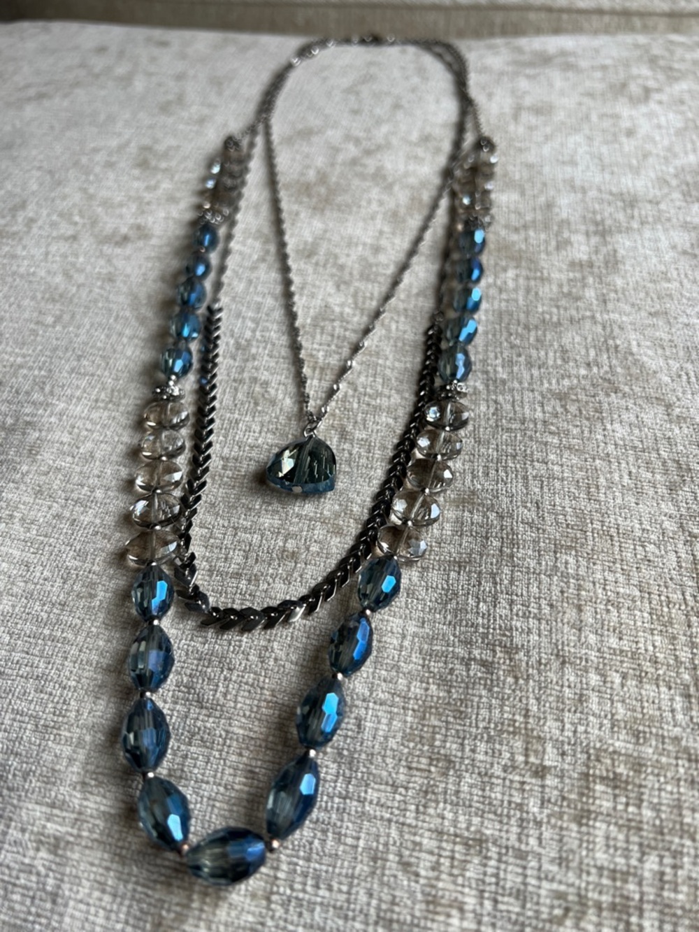 Multi Layered Blue Crystal Pendant Necklace with Silver Chains - Women Jewelry